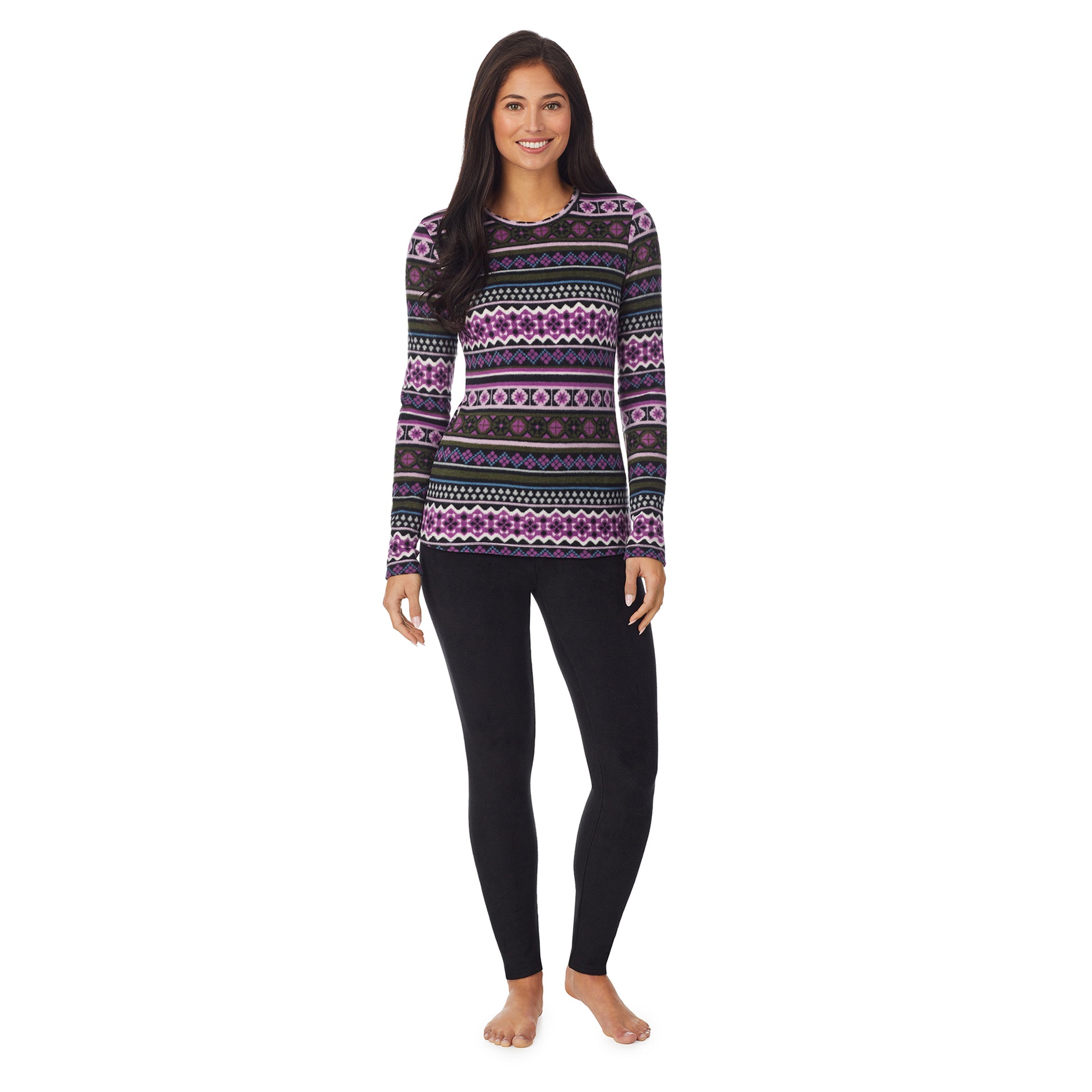 Purple Green Fairisle;She is 5’10”, Bust 34”, Waist 26&quot;, Hips 38”.