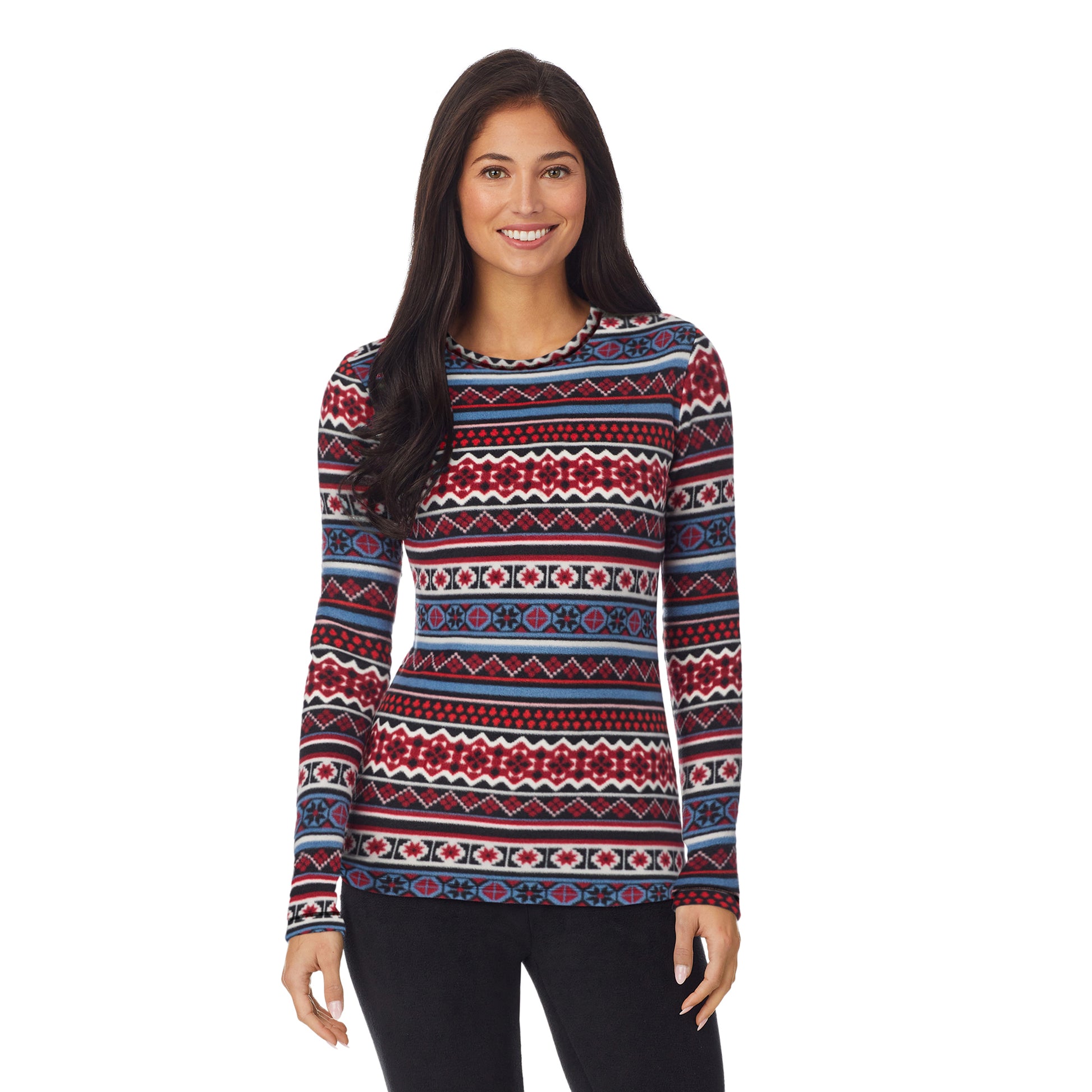 Red Blue Fairisle;She is 5’10”, Bust 34”, Waist 26&quot;, Hips 38”.