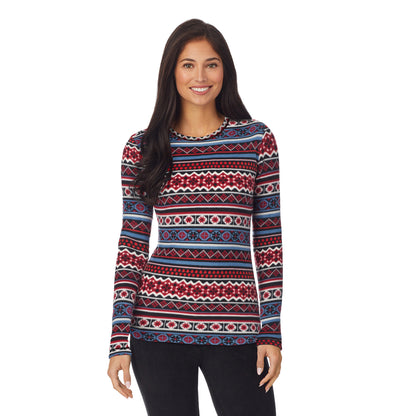 Red Blue Fairisle;She is 5’10”, Bust 34”, Waist 26", Hips 38”.