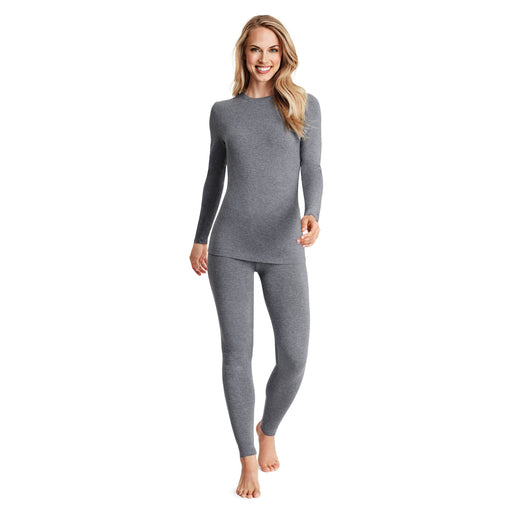 Charcoal Heather; Model is wearing size S. She is 5’9”, Bust 32”, Waist 25.5”, Hips 36”. @A lady wearing a charcoal heather long sleeve stretch crew.