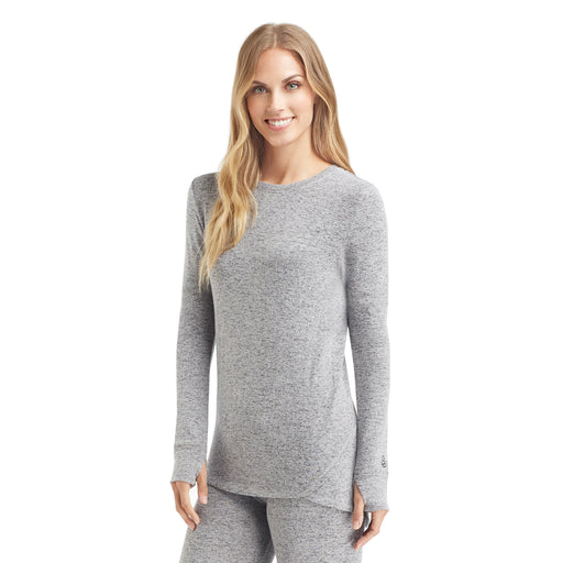 Marled Grey; Model is wearing size S. She is 5’9”, Bust 32”, Waist 25.5”, Hips 36”. @A lady wearing a marled grey  long sleeve crew.