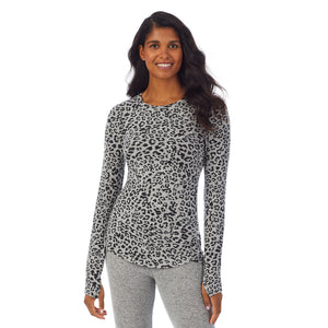 A lady wearing a grey animal  long sleeve crew.