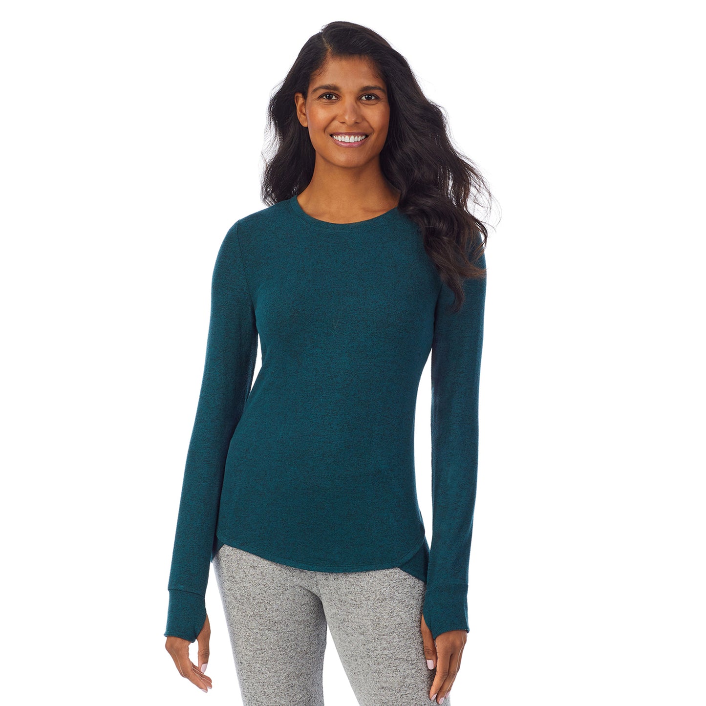 Marled Viridian Green; Model is wearing size S. She is 5’10”, Bust 34”, Waist 24”, Hips 34”. @A lady wearing a marled viridian green long sleeve crew.