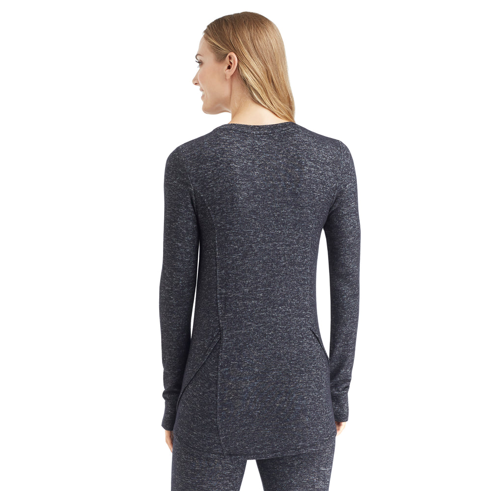 A lady wearing SoftKnit Long Sleeve Crew in Marled Dark Charcoal side view side view