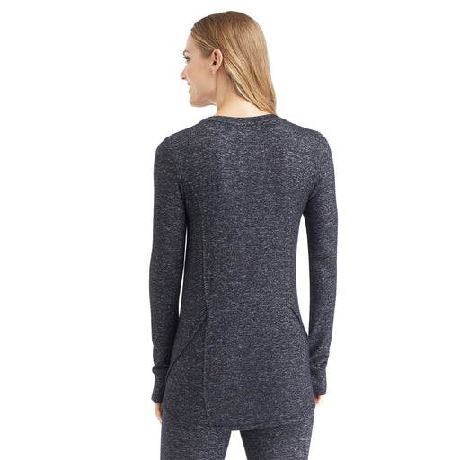 Marled Dark Charcoal; Model is wearing size S. She is 5’9”, Bust 32”, Waist 25.5”, Hips 36”. @A lady wearing a marled dark charcoal  long sleeve crew.