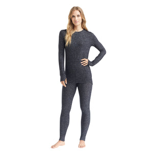 A lady wearing a marled dark charcoal  long sleeve crew.