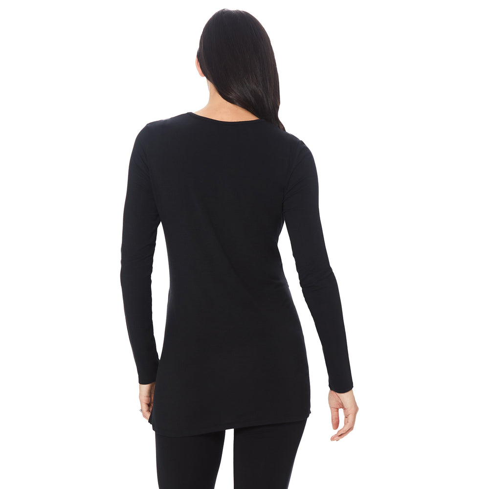 A lady wearing a black long sleeve maternity wrap front top. #Model is wearing a maternity bump.