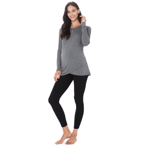 A lady wearing a charcoal heather long sleeve maternity wrap front top. #Model is wearing a maternity bump.