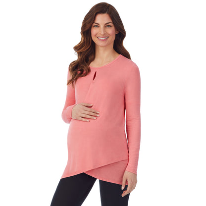 Bright Coral; Model is wearing size S. She is 5’9”, Bust 34”, Waist 24.5”, Hips 36.5”. @A lady wearing a bright coral long sleeve maternity wrap front top. #Model is wearing a maternity bump.