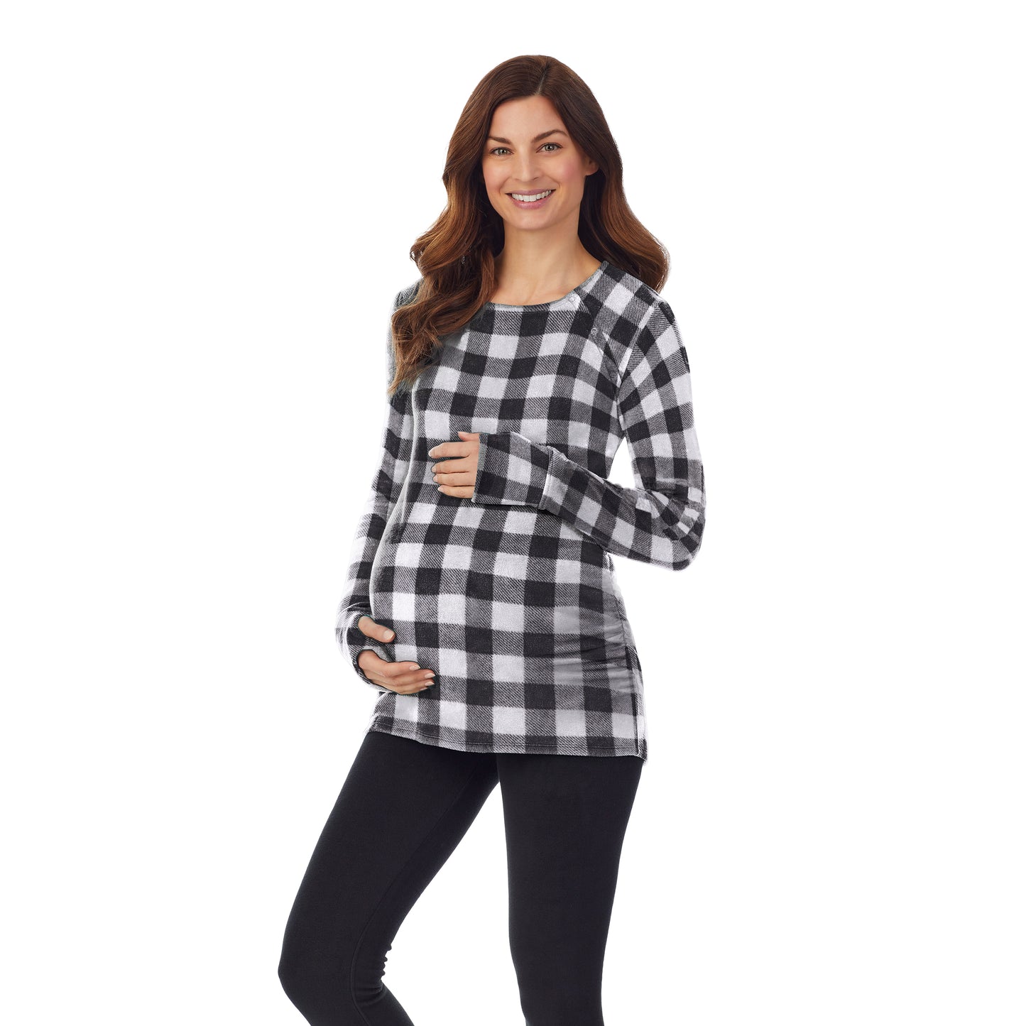 Grey Buffalo Check; Model is wearing size S. She is 5’9”, Bust 34”, Waist 24.5”, Hips 36.5”.@upper body of a lady wearing a grey buffalo maternity snap front crew #Model is wearing a maternity bump.