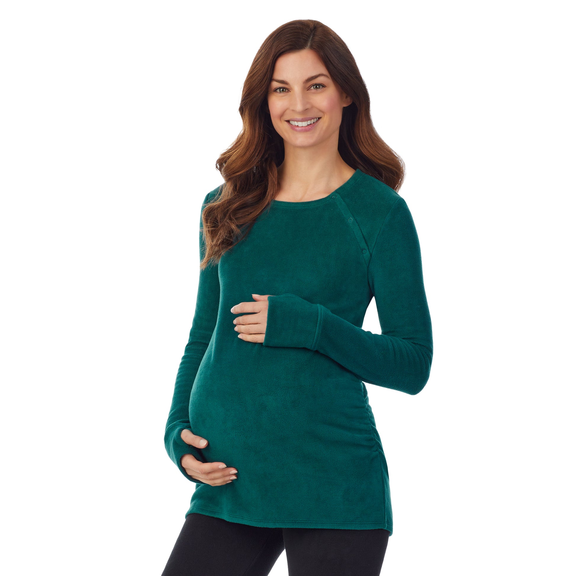 Viridian Green; Model is wearing size S. She is 5’9”, Bust 34”, Waist 24.5”, Hips 36.5”.@upper body of a lady wearing a green maternity snap front crew #Model is wearing a maternity bump.