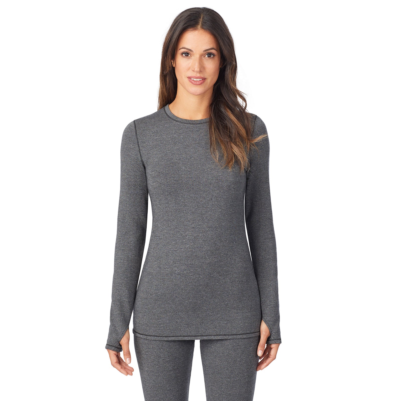 Charcoal Heather;@A lady wearing Ultra Cozy Long Sleeve Crew in Charcoal Heather  