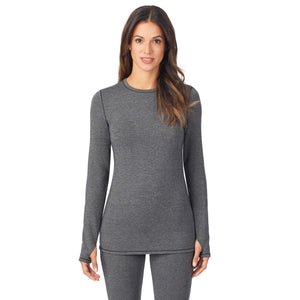 A lady wearing Ultra Cozy Long Sleeve Crew in Charcoal Heather  