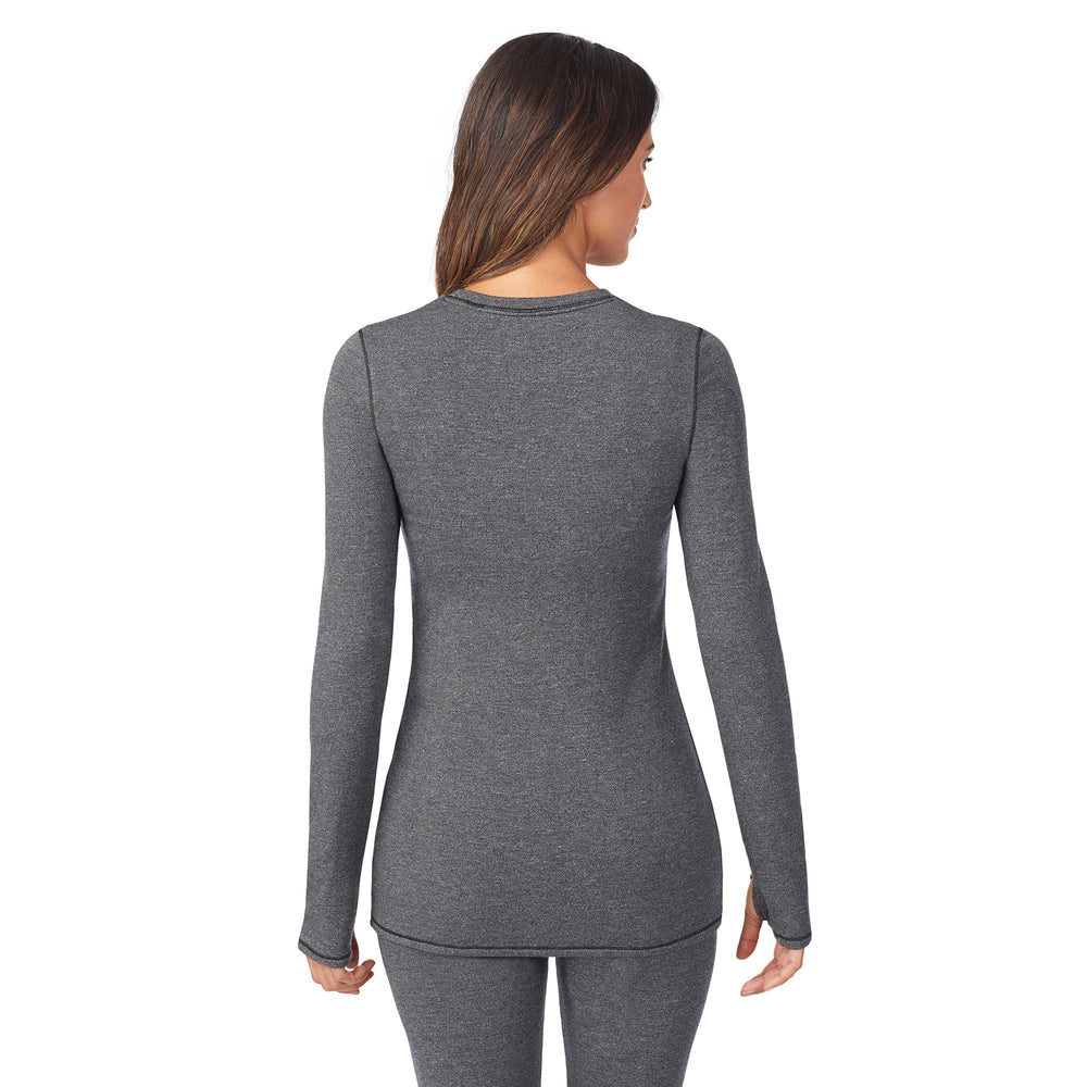 A lady wearing Ultra Cozy Long Sleeve Crew in Charcoal Heather side view side view