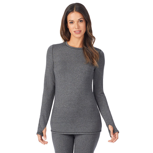 Charcoal Heather; Model is wearing size S. She is 5’9”, Bust 32”, Waist 25”, Hips 35”. @A lady wearing a charcoal heather long sleeve crew.