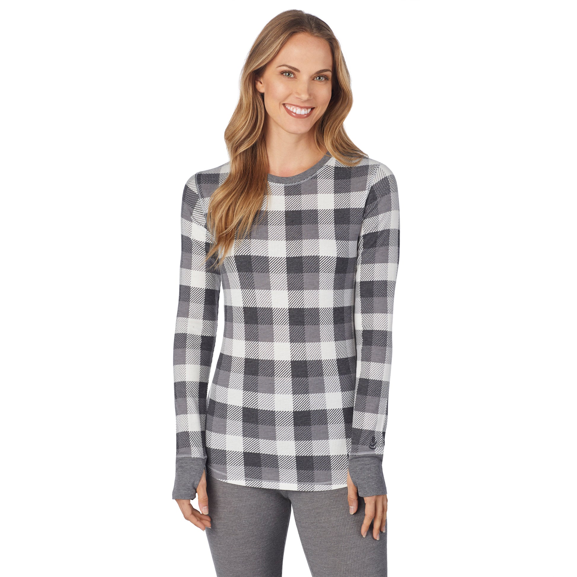 Grey Buffalo Check; Model is wearing size S. She is 5’9”, Bust 32”, Waist 25.5”, Hips 36”. @A lady wearing a  grey buffalo check long sleeve crew.
