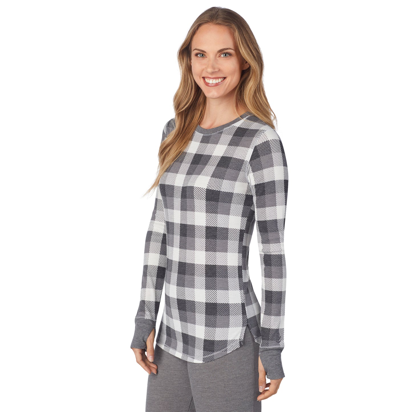 Grey Buffalo Check; Model is wearing size S. She is 5’9”, Bust 32”, Waist 25.5”, Hips 36”. @A lady wearing a grey buffalo check long sleeve crew.