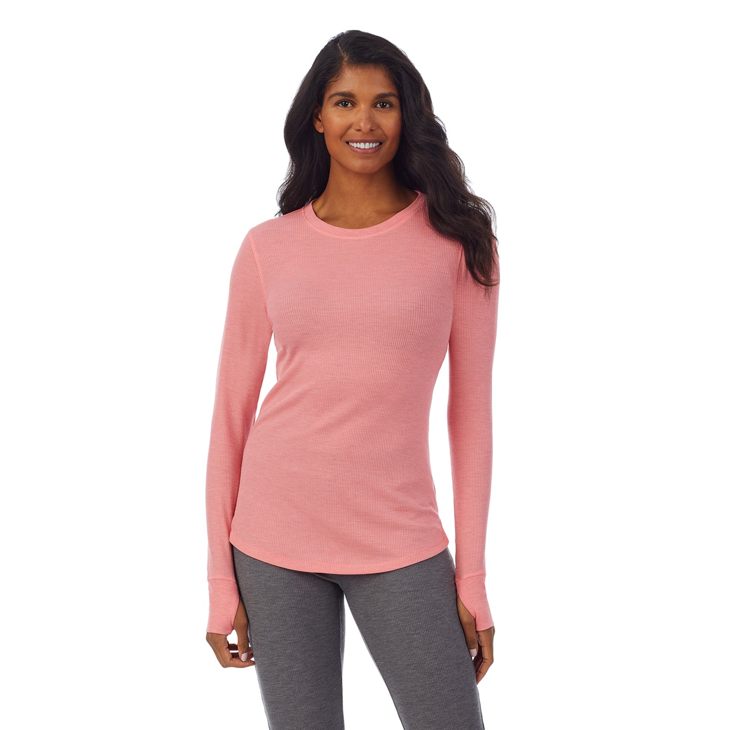 Bright Coral Heather; Model is wearing size S. She is 5’10”, Bust 34”, Waist 24”, Hips 34”. @A lady wearing a Bright Coral Heather long sleeve crew.