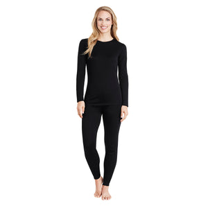 A lady wearing a black long sleeve crew.