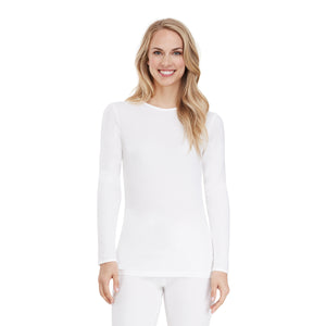A lady wearing Softwear Long Sleeve Crew in White  