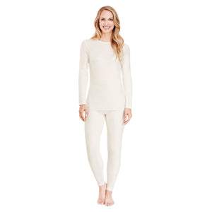 A lady wearing a ivory long sleeve crew.