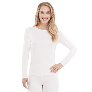 upper body of A lady wearing white long sleeve crew top
