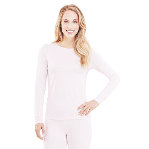 upper body of A lady wearing blush pink long sleeve crew top
