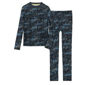 A grey long sleeve crew t-shirt and pant set with mountain print.