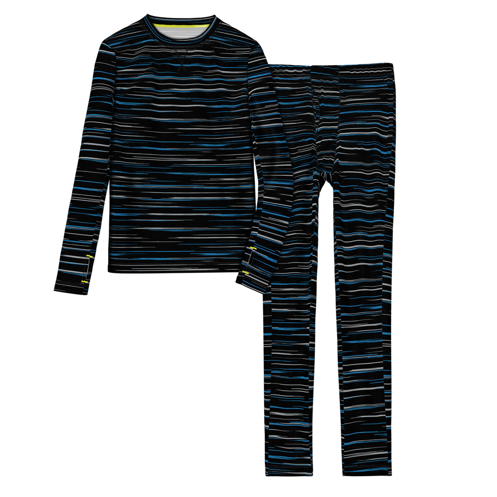 A blue space dye long sleeve crew t-shirt and pant set