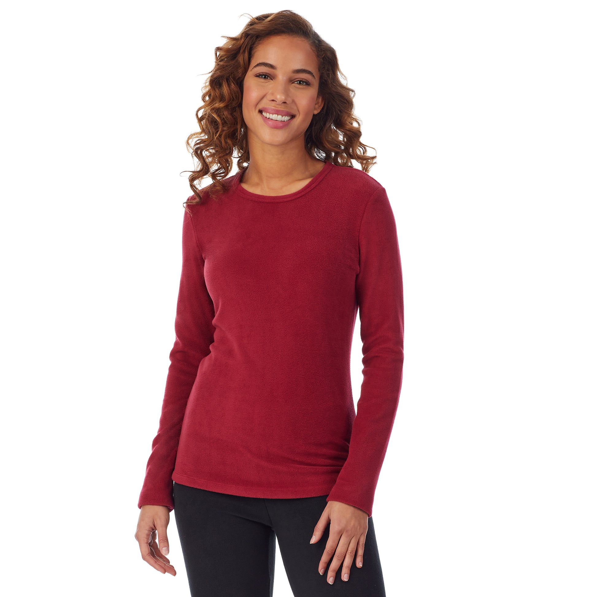 Rhubarb; Model is wearing size S. She is 5’9”, Bust 34”, Waist 23”, Hips 35”.@Upper body of a lady wearing red long sleeve crew