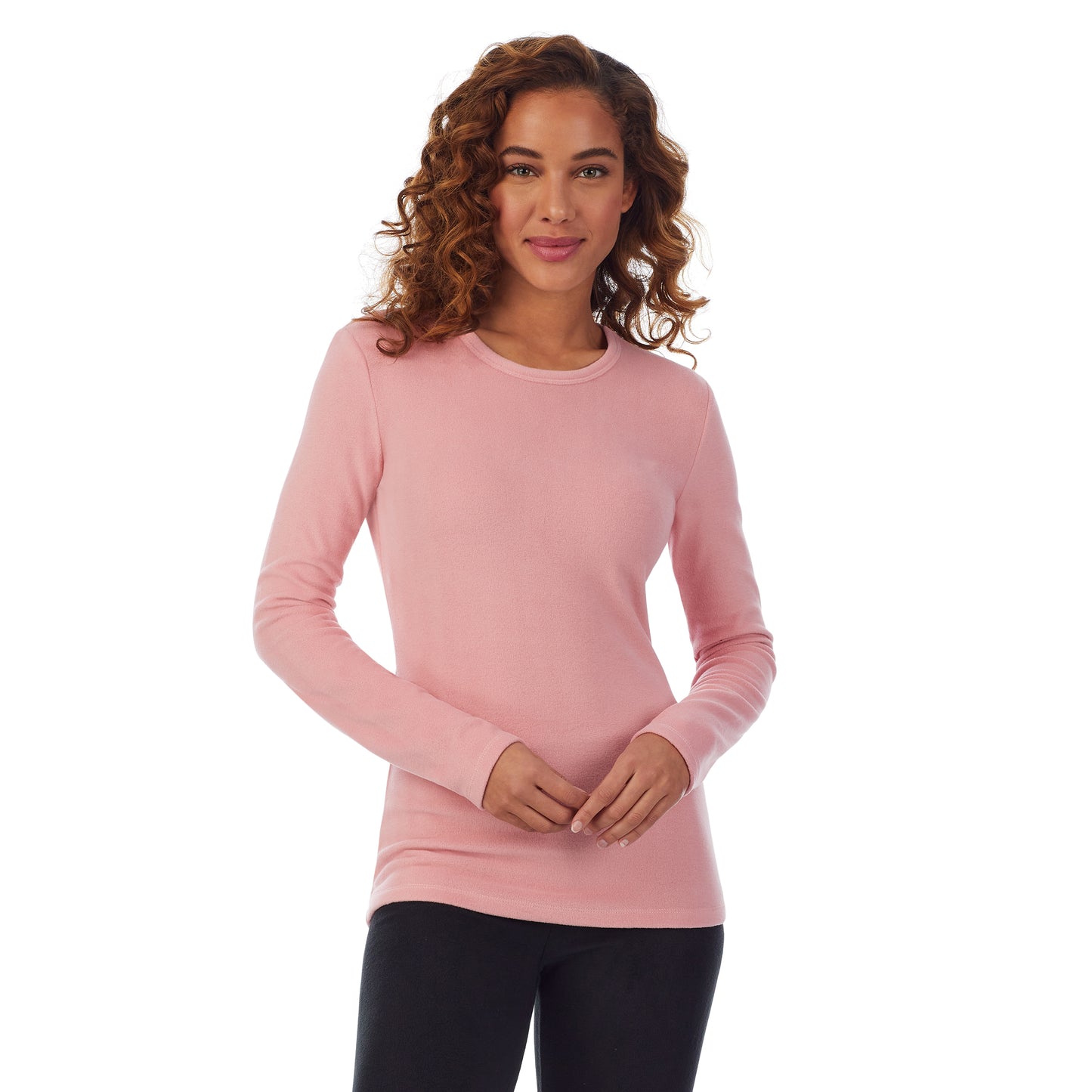 Powder Pink; Model is wearing size S. She is 5’9”, Bust 34”, Waist 23”, Hips 35”.@Upper body of a lady wearing pink long sleeve crew