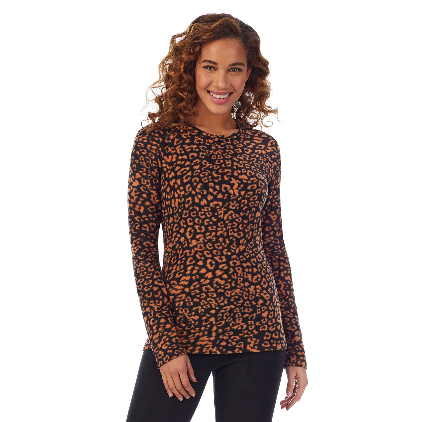 Amber Animal; Model is wearing size S. She is 5’9”, Bust 34”, Waist 23”, Hips 35”.@Upper body of a lady wearing amber animal long sleeve crew
