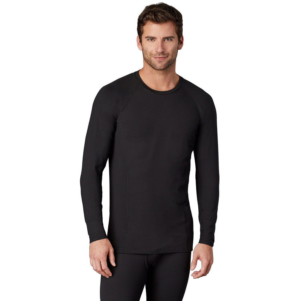 A man wearing black long sleeve crew t-shirt !88% Polyester, 12% Spandex!