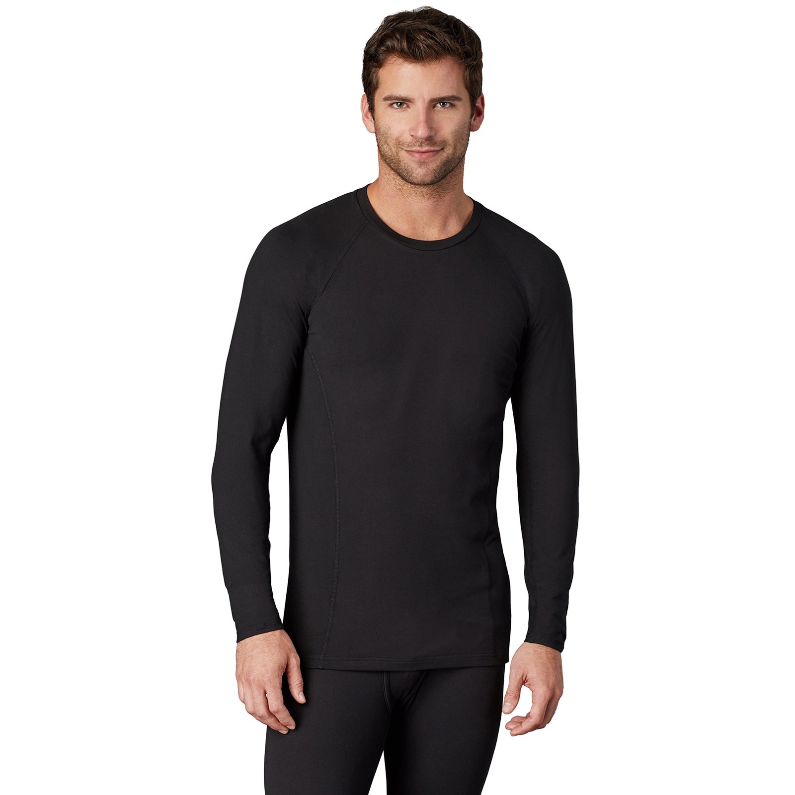 Black; Model is wearing size M. He is 6'1", Waist 31", Inseam 33".@A man wearing black long sleeve crew t-shirt !88% Polyester, 12% Spandex!