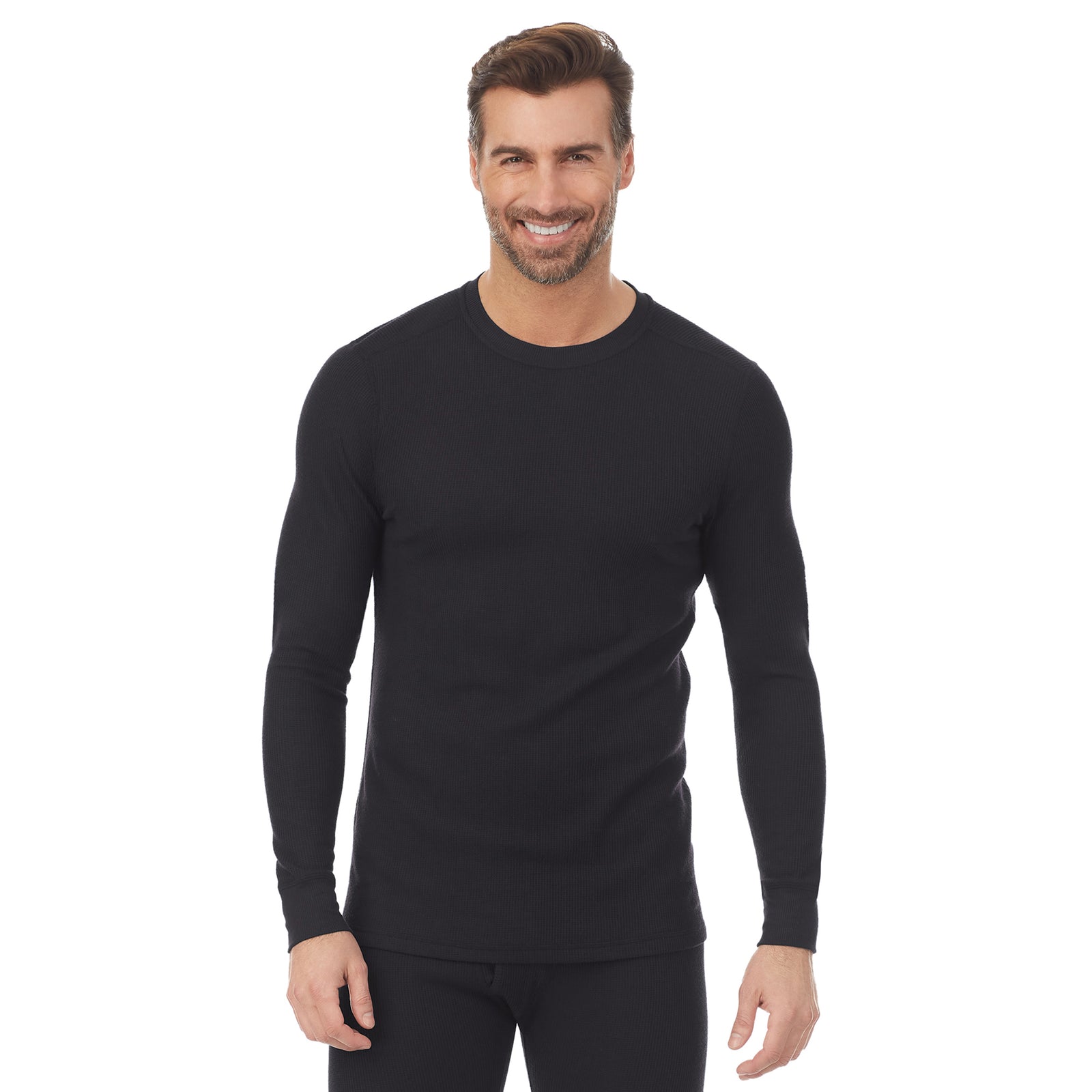 Black; Model is wearing size M. He is 6'1", Waist 32", Inseam 32". @A man wearing a black waffle thermal long sleeve crew.