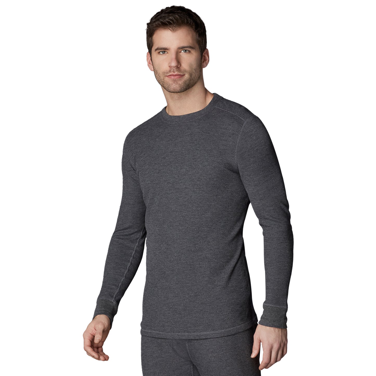 Charcoal Heather; Model is wearing size M. He is 6'1", Waist 31", Inseam 33". @A man wearing a charcoal heather waffle thermal long sleeve crew.