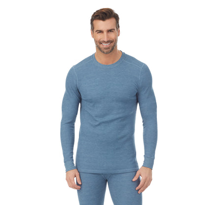 Blue Heather; Model is wearing size M. He is 6'1", Waist 32", Inseam 32". @A man wearing a blue heather waffle thermal long sleeve crew big & tall..