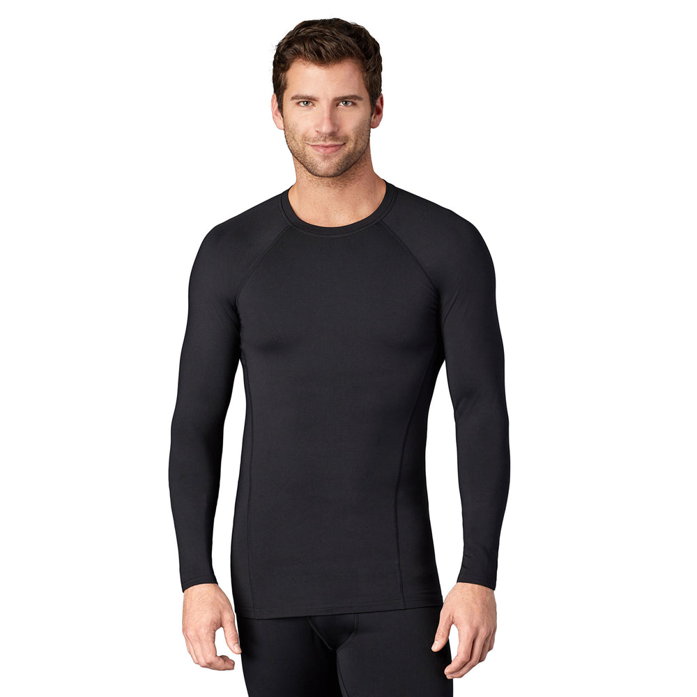 A man wearing black long sleeve crew.  !88% Polyester, 12% Spandex!