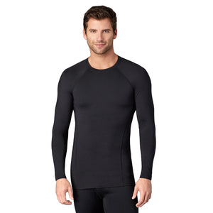 A man wearing black long sleeve crew.  !88% Polyester, 12% Spandex!
