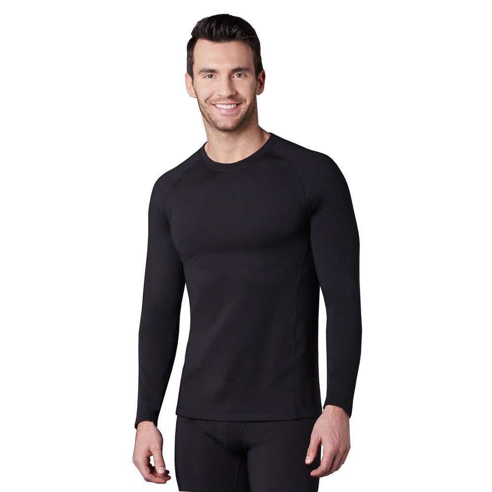 A man wearing a black X fleece long sleeve crew.