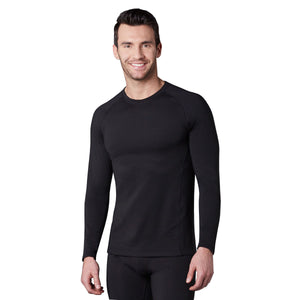 A man wearing a black X fleece long sleeve crew.