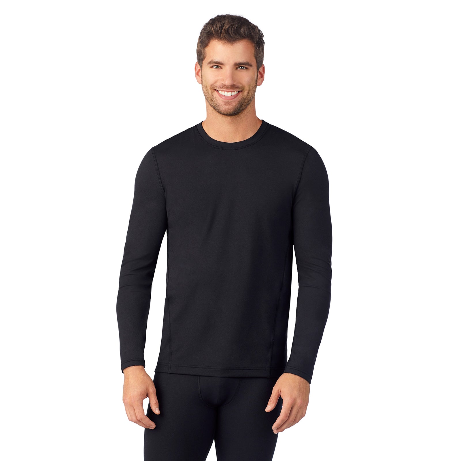 Black; Model is wearing size M. He is 6'1", Waist 31", Inseam 33".@upper body of A man wearing black long sleeve crew