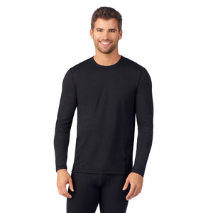 upper body of A man wearing black long sleeve crew