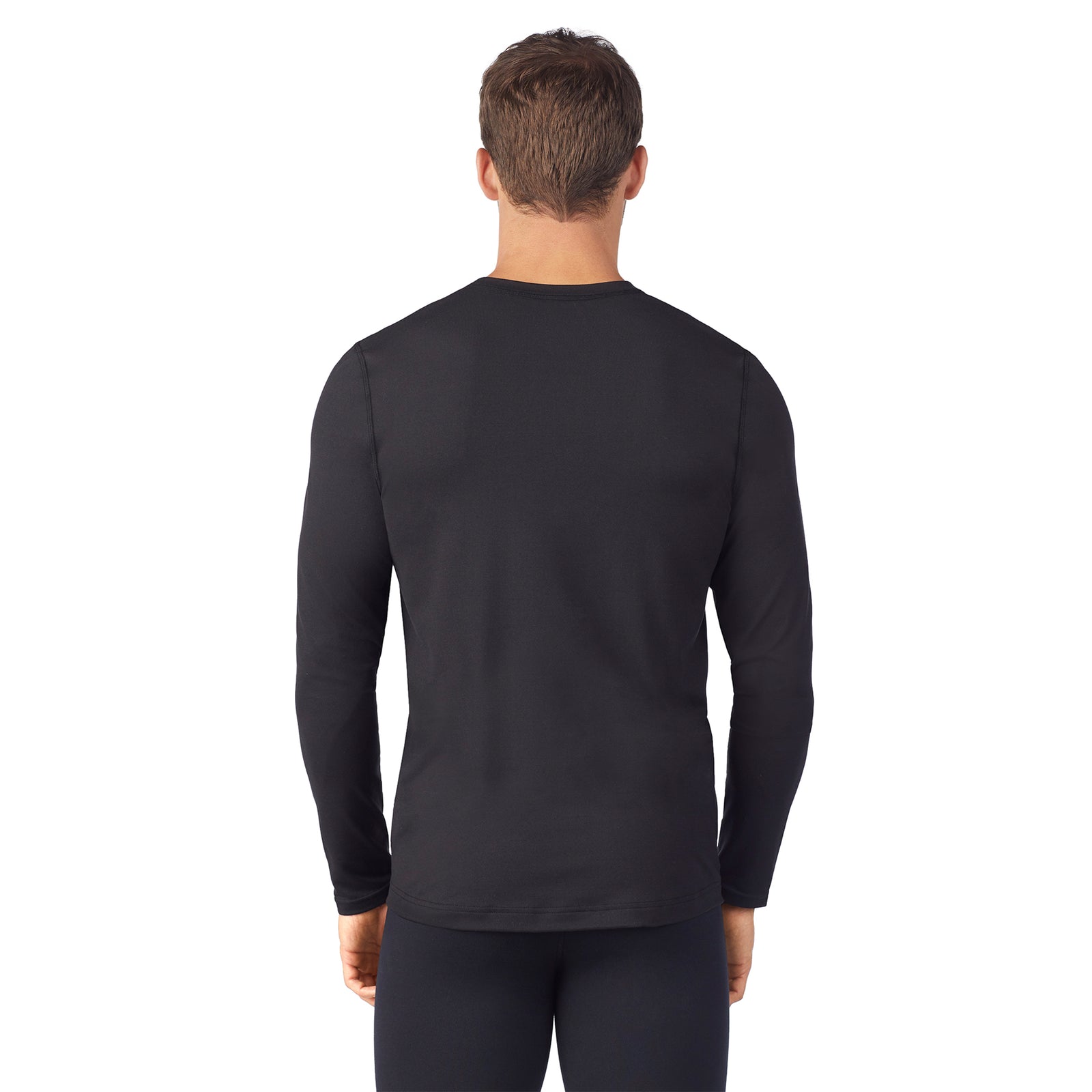 Black; Model is wearing size M. He is 6'1", Waist 31", Inseam 33".@upper body of A man wearing black long sleeve crew