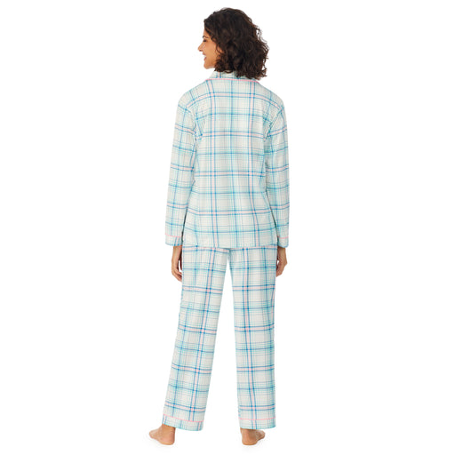 Aqua Pink Multi Plaid; Model is wearing size S. She is 5’9”, Bust 32”, Waist 24”, Hips 34.5”. @A lady wearing a white long sleeve pajama set with  pink and blue plaid.