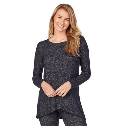 Dark Heather;Model is wearing size S. She is 5'9", Bust 32", Waist 23", Hips 34.5" @ A lady wearing softknit long sleeve crossover tunic