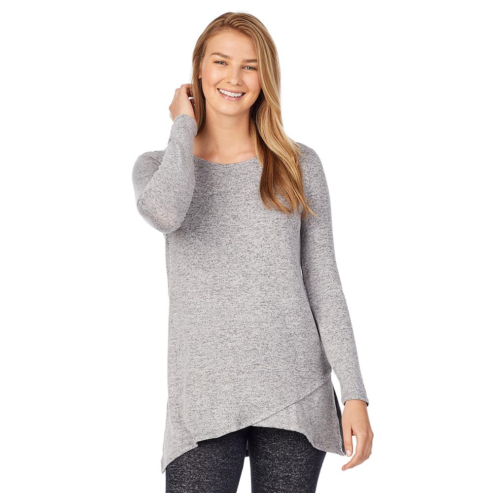 Grey Heather;Model is wearing size S. She is 5'9", Bust 32", Waist 23", Hips 34.5" @ A lady wearing softknit long sleeve crossover tunic