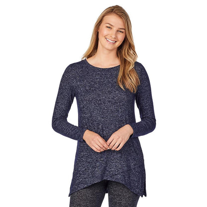 Heather Navy;Model is wearing size S. She is 5'9", Bust 32", Waist 23", Hips 34.5" @ A lady wearing softknit long sleeve crossover tunic