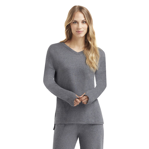 Grey Heather;Model is wearing size S. She is 5’9”, Bust 32”, Waist 25.5”, Hips 36”.@A lady wearing comfortwear long sleeve v-neck pullover.