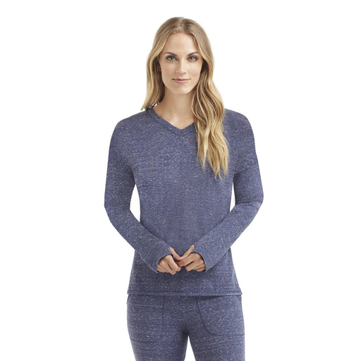 A lady wearing comfortwear long sleeve v-neck pullover.
